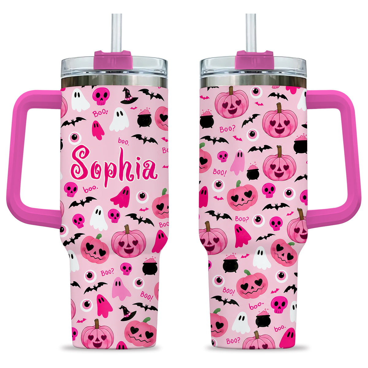 Personalized Halloween Tumbler, 40oz Travel Tumbler with Name, Vintage Spooky Pattern Gift Girls and Boys