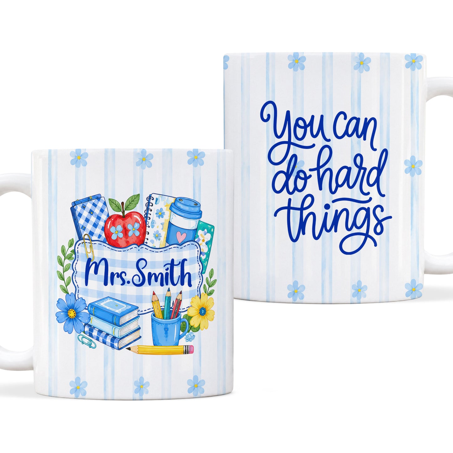 Personalized Teacher Student Coffee Mug with Custom Name, You Can Do Hard Things Mug, Striped Color School Gift, Back to School Cup