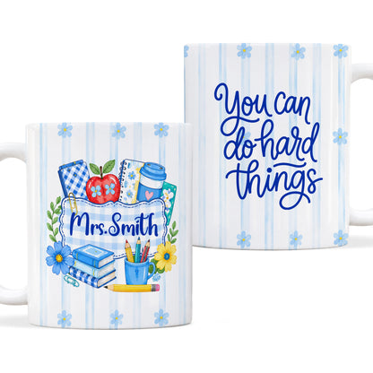Personalized Teacher Student Coffee Mug with Custom Name, You Can Do Hard Things Mug, Striped Color School Gift, Back to School Cup