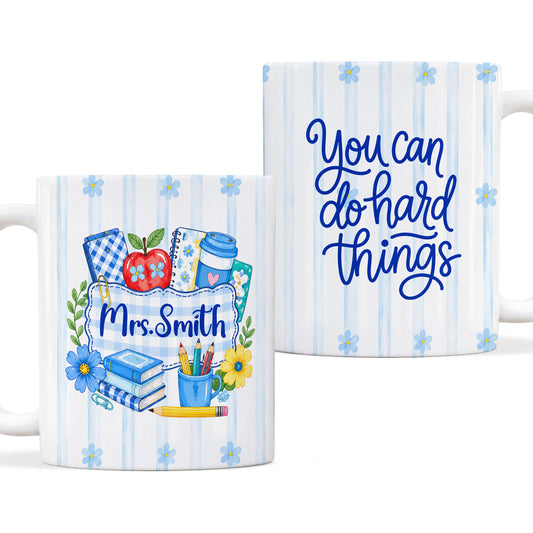 Personalized Teacher Student Coffee Mug with Custom Name, You Can Do Hard Things Mug, Striped Color School Gift, Back to School Cup