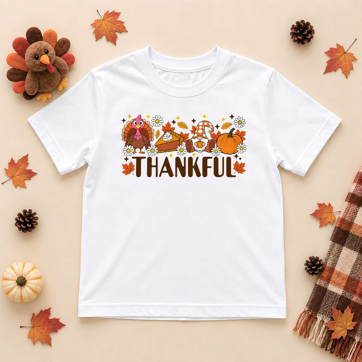 Girls Thanksgiving Shirt, Grateful Thankful Blessed Turkey Pumpkin Bow, Fall Gift for Kids & Women