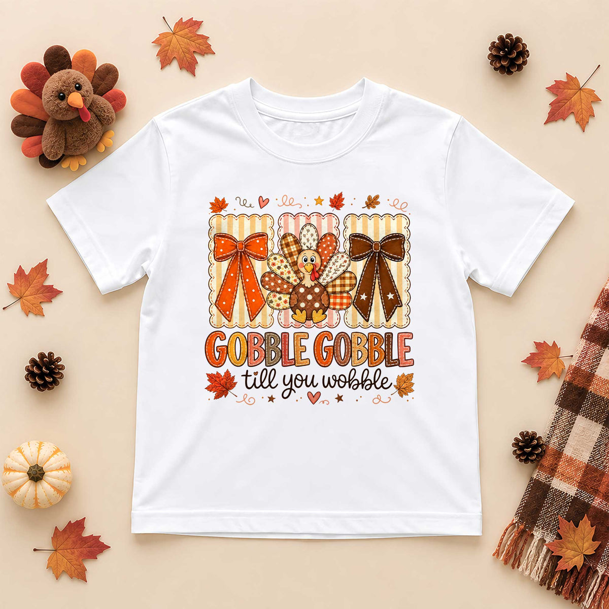 Girls Thanksgiving Shirt, Grateful Thankful Blessed Turkey Pumpkin Bow, Fall Gift for Kids & Women