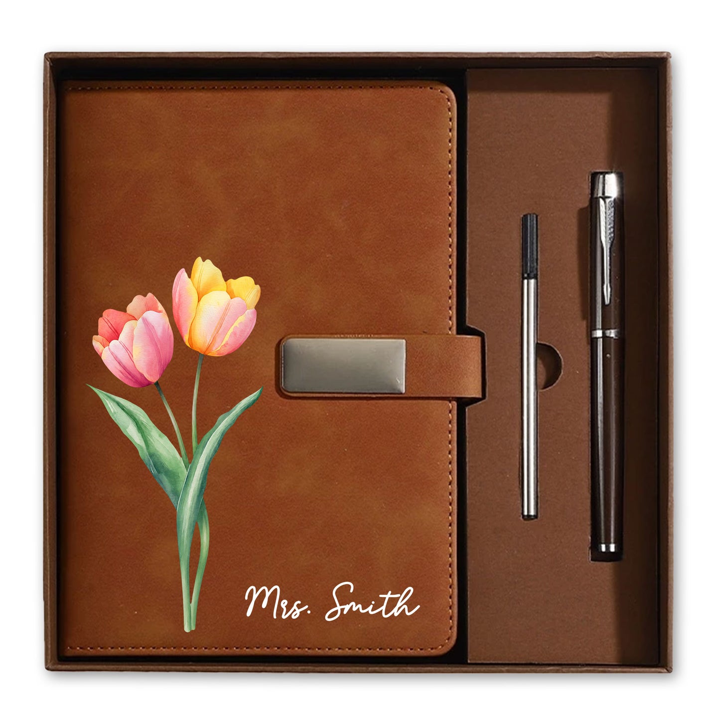 Personalized Leather Notebook Set with Custom Name, Floral Journal Gift Set with Pen for Women, Teacher, Student, Office