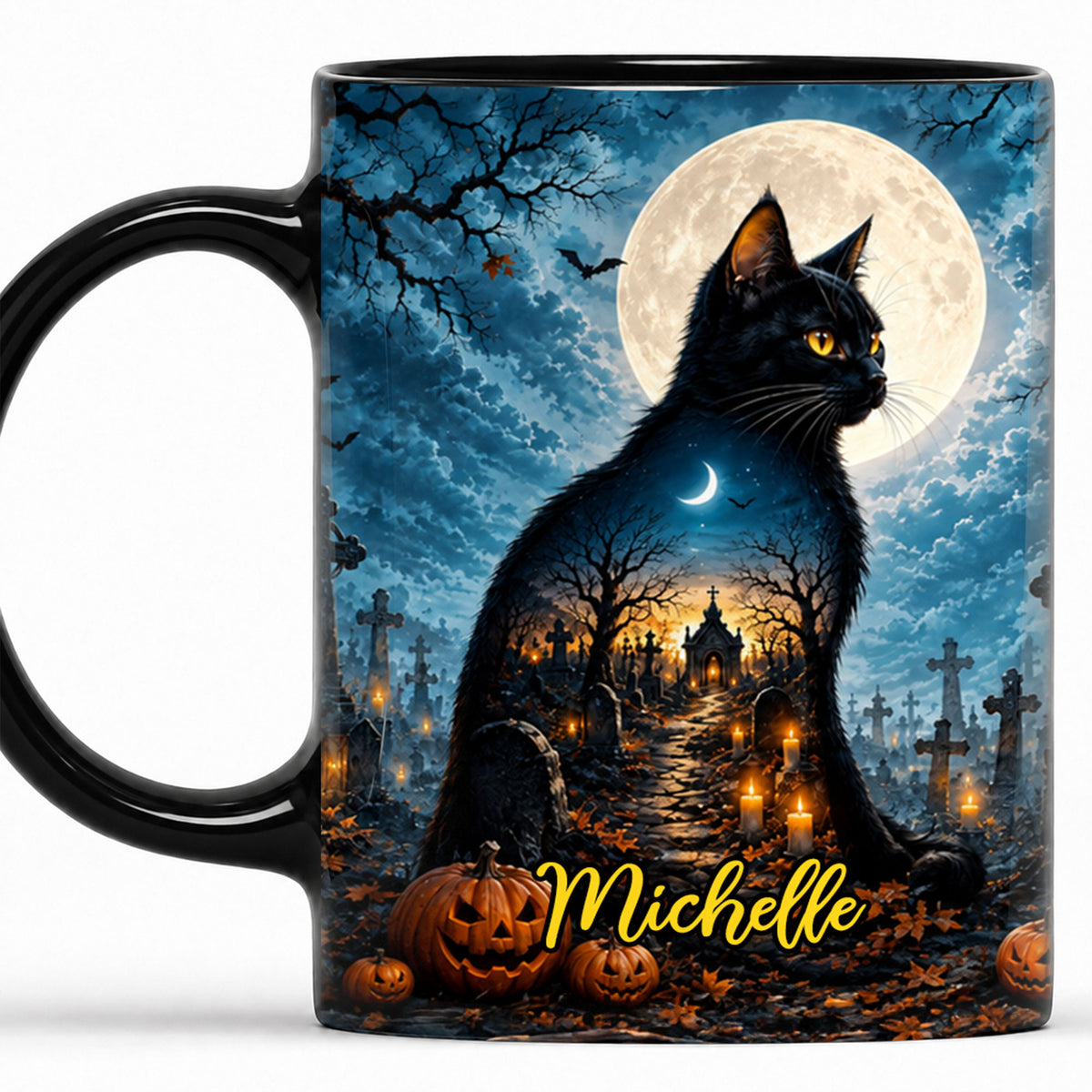 Personalized Halloween Cat Mug, Cute Black Cat Witch Hat Pumpkin Mug, Custom Name Fall Coffee Cup, Halloween Gift for Cat Lovers