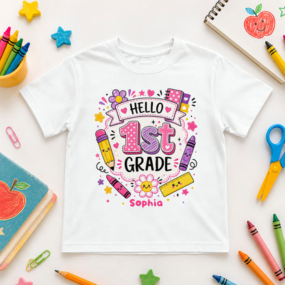 Personalized Hello School Shirt for Kids – Custom Name & Grade Back to School Tee for Pre-K to 8th Grade Students