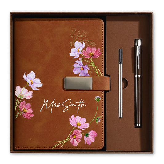 Personalized Leather Notebook Set with Custom Name, Floral Journal Gift Set with Pen for Women, Teacher, Student, Office