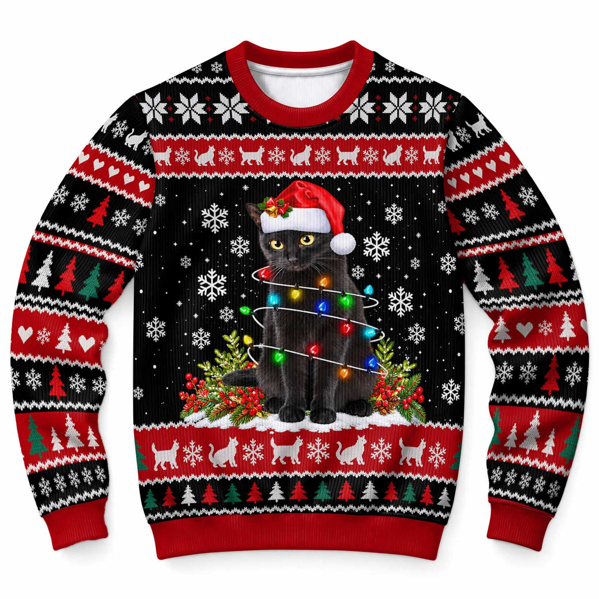 Cute Black Cat Christmas Sweater, Festive Snowflake Ugly Sweater, Christmas Gift for Cat Lovers