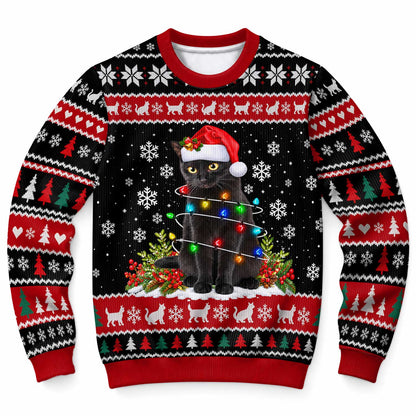 Cute Black Cat Christmas Sweater, Festive Snowflake Ugly Sweater, Christmas Gift for Cat Lovers