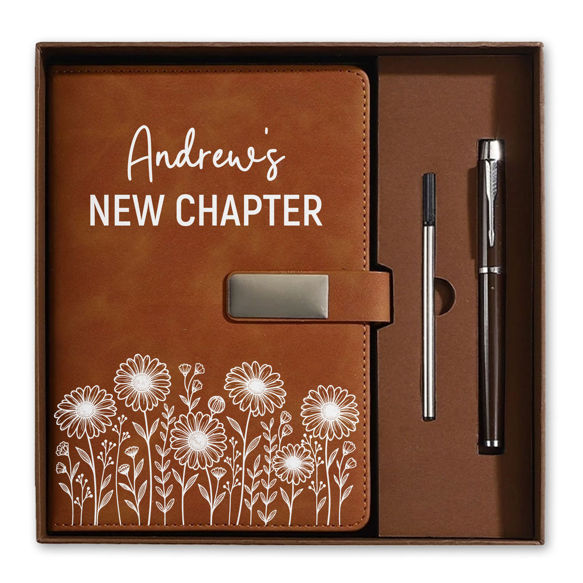 Personalized Leather Journal Gift Set – Birth Month Flower Custom Name Notebook with Pen - Graduation Gift, Personalized Diary for Women & Men