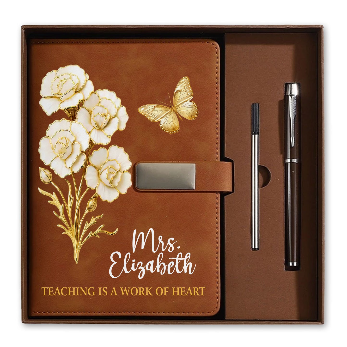 White & Gold Birth Month Flower Teacher Journal - Custom Name Leather Notebook Gift Set - Teacher Appreciation Gift
