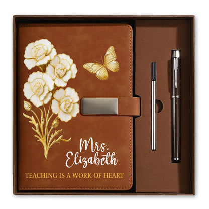 White & Gold Birth Month Flower Teacher Journal - Custom Name Leather Notebook Gift Set - Teacher Appreciation Gift