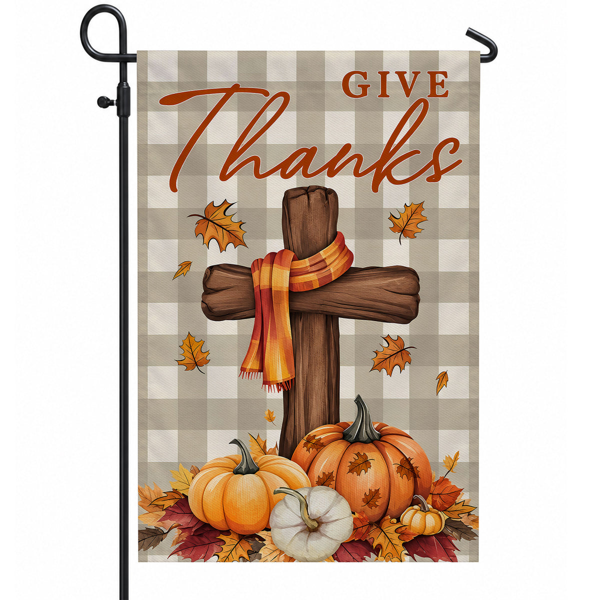 Give Thanks Fall Garden Flag, Rustic Cross Pumpkin Thanksgiving Yard Flag, Autumn Outdoor Decor