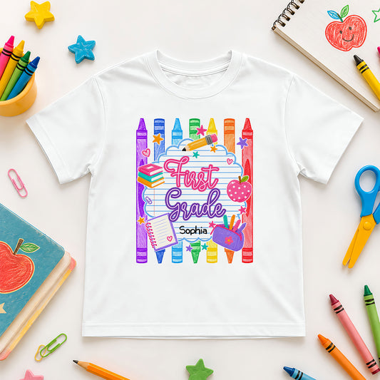 Personalized Striped Back to School Shirt for Kids Teachers – Custom Name & Grade Tee for Pre-K to 8th Grade Students, First Day Outfit