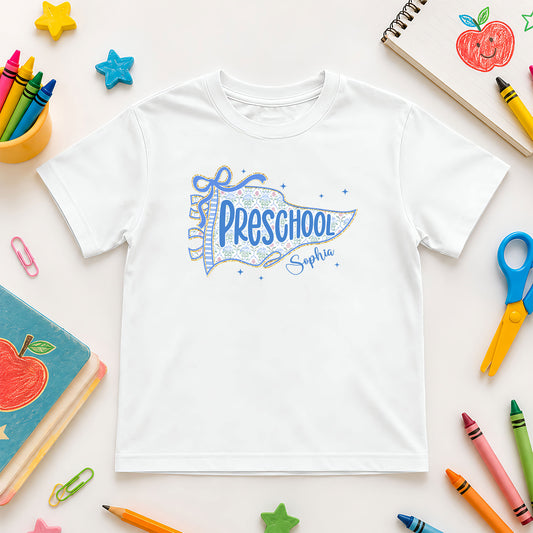 Personalized Back to School Shirt – Custom Name & Grade Preppy Striped Pennant Flag Color Tee for Teachers & Students, Pre-K to 8th Grade Outfit
