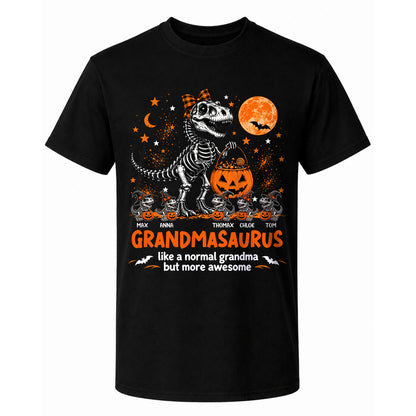 Personalized Grandmasaurus Halloween T-Shirt, Custom Grandkids Names Dinosaur Family Shirt, Spooky Pumpkin Grandma Tee