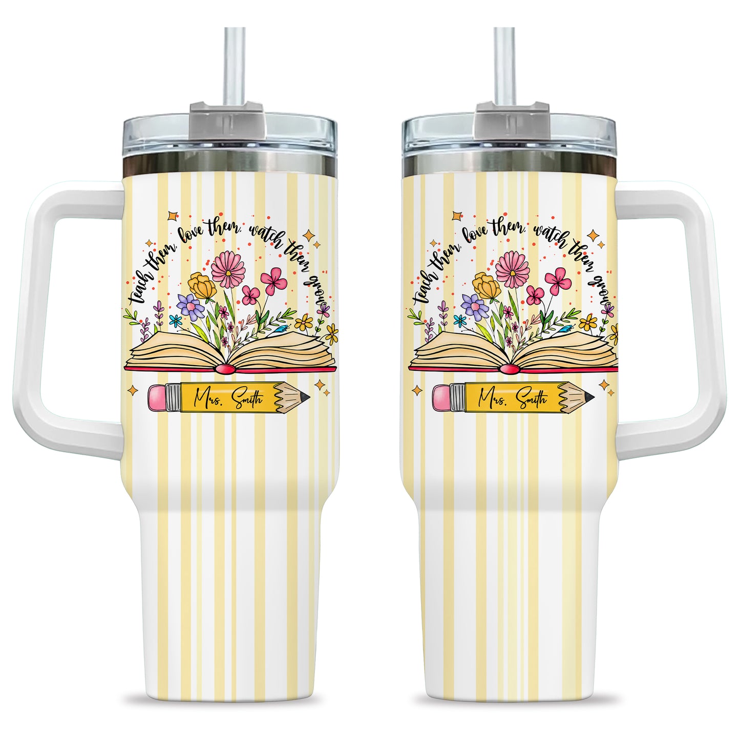 Personalized 40oz Teacher Tumbler with Handle & Straw – Custom Floral Teacher Gift for Back to School, First Day of School & Teacher Appreciation
