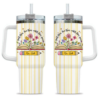 Personalized 40oz Teacher Tumbler with Handle & Straw – Custom Floral Teacher Gift for Back to School, First Day of School & Teacher Appreciation