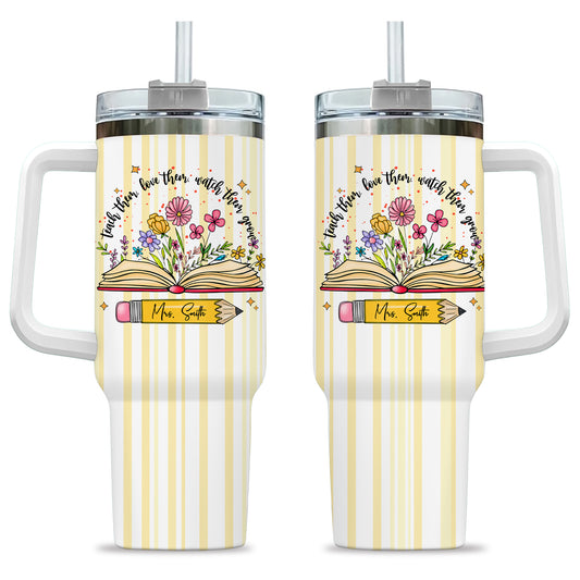 Personalized 40oz Teacher Tumbler with Handle & Straw – Custom Floral Teacher Gift for Back to School, First Day of School & Teacher Appreciation