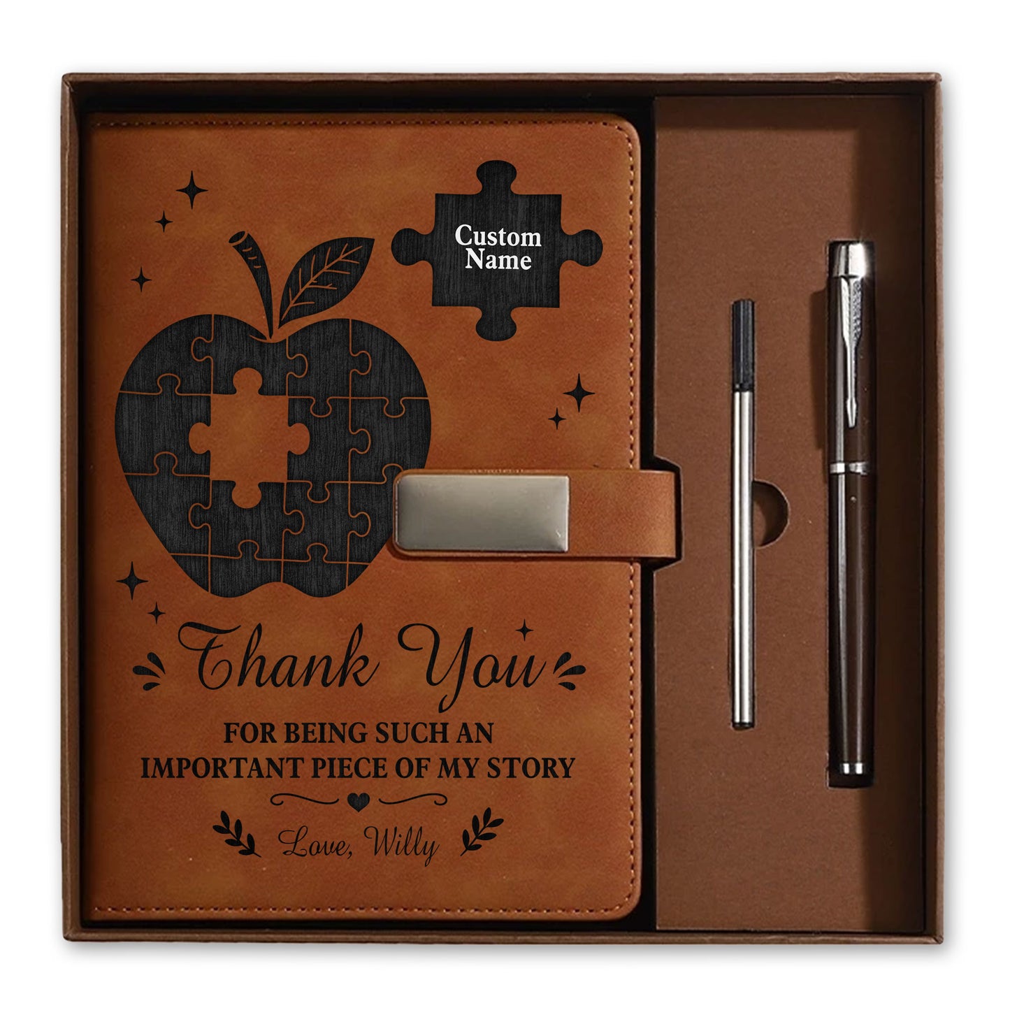 Thank You Teacher Journal Gift Set - Custom Name Leather Notebook - Appreciation Gift for Teachers