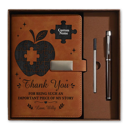 Thank You Teacher Journal Gift Set - Custom Name Leather Notebook - Appreciation Gift for Teachers