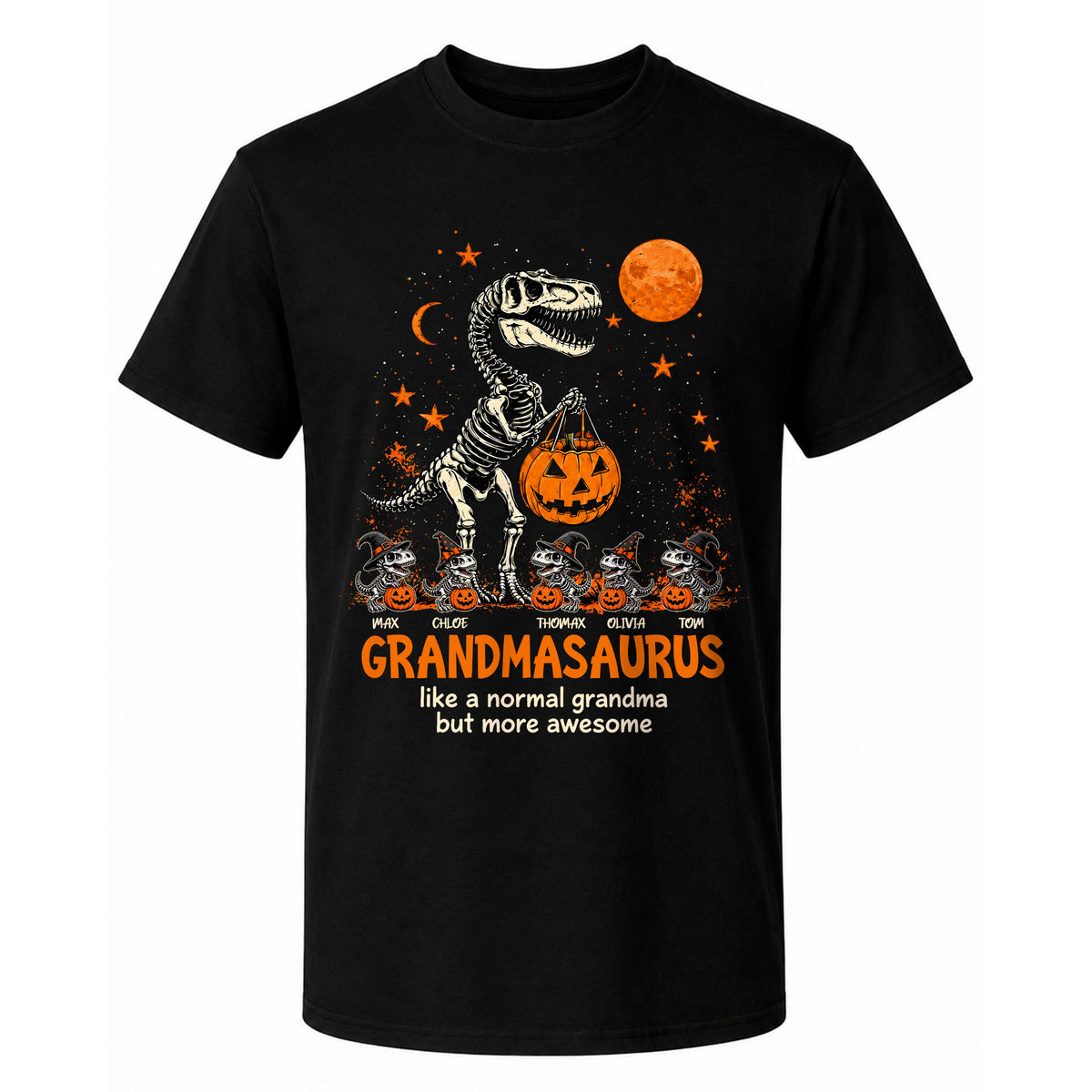 Personalized Grandmasaurus Halloween T-Shirt, Custom Grandkids Names Dinosaur Family Shirt, Spooky Pumpkin Grandma Tee