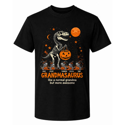 Personalized Grandmasaurus Halloween T-Shirt, Custom Grandkids Names Dinosaur Family Shirt, Spooky Pumpkin Grandma Tee
