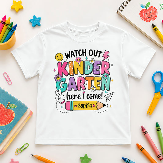 Personalized Watch Out Back to School Shirt – Custom Name & Grade Colorful Tee for Pre-K to 8th Grade Students