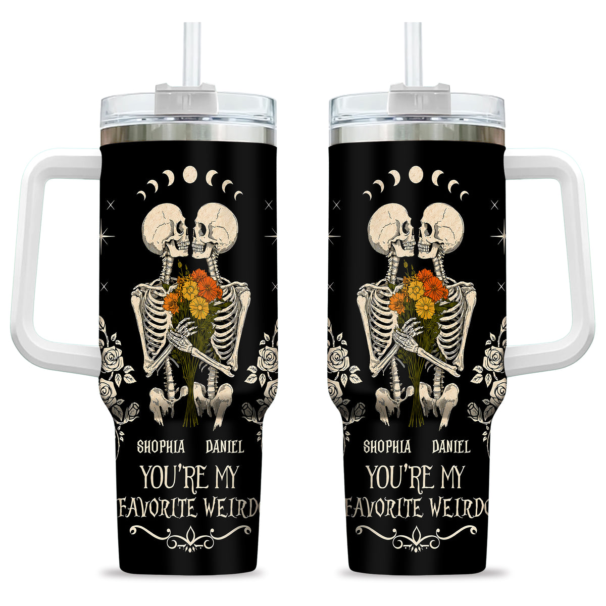 Personalized Skeleton Couple Halloween Tumbler 40oz, Gothic Skeleton with Roses, Halloween Gift for Couples
