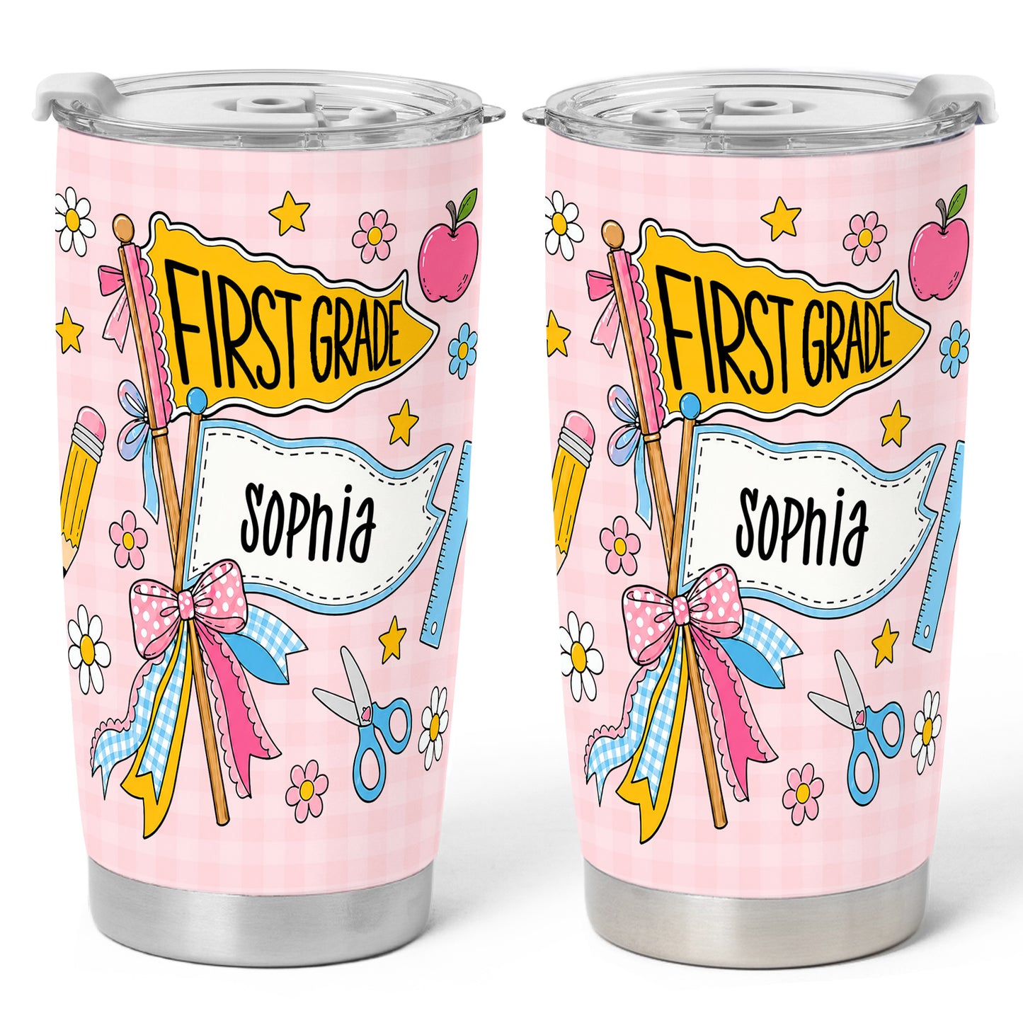 Personalized Back to School Tumbler - Custom Name & Class for Teachers and Students, Pastel Bow 20oz Travel Cup