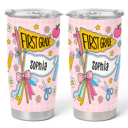 Personalized Back to School Tumbler - Custom Name & Class for Teachers and Students, Pastel Bow 20oz Travel Cup