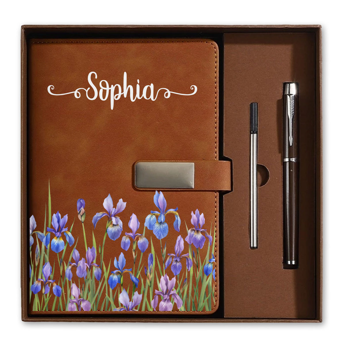 Personalized Floral Journal Gift Set - Custom Name Birth Month Flower Leather Notebook with Pen - Birthday Gift for Women, Friends