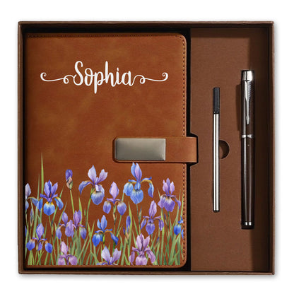 Personalized Floral Journal Gift Set - Custom Name Birth Month Flower Leather Notebook with Pen - Birthday Gift for Women, Friends