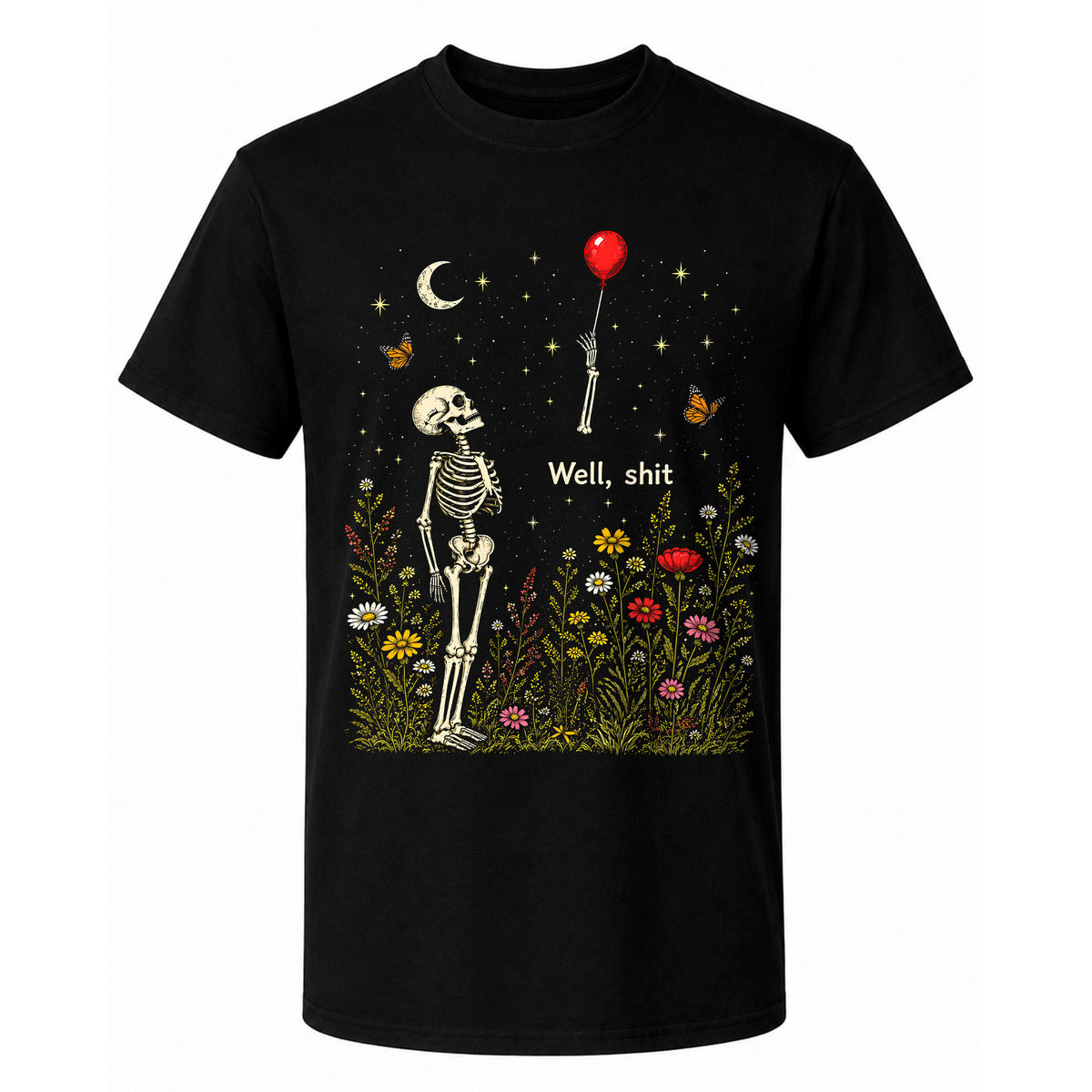 Skeleton Holding Red Balloon Graphic T-Shirt, Funny Halloween Inspired Skeleton Shirt, Spooky Season Casual Tee