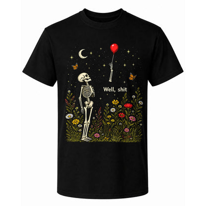 Skeleton Holding Red Balloon Graphic T-Shirt, Funny Halloween Inspired Skeleton Shirt, Spooky Season Casual Tee
