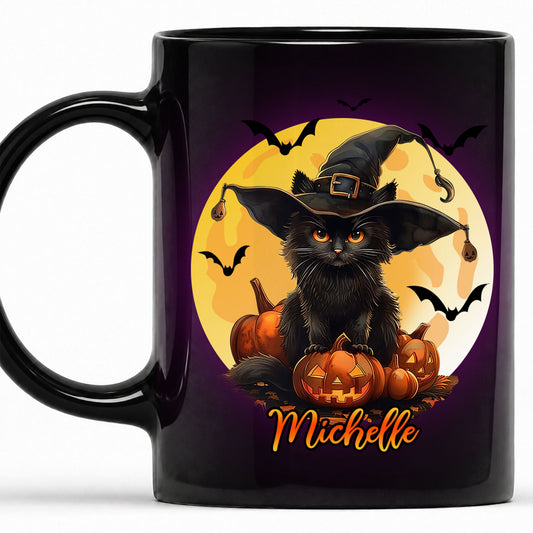 Personalized Halloween Cat Mug, Cute Black Cat Witch Hat Pumpkin Mug, Custom Name Fall Coffee Cup, Halloween Gift for Cat Lovers