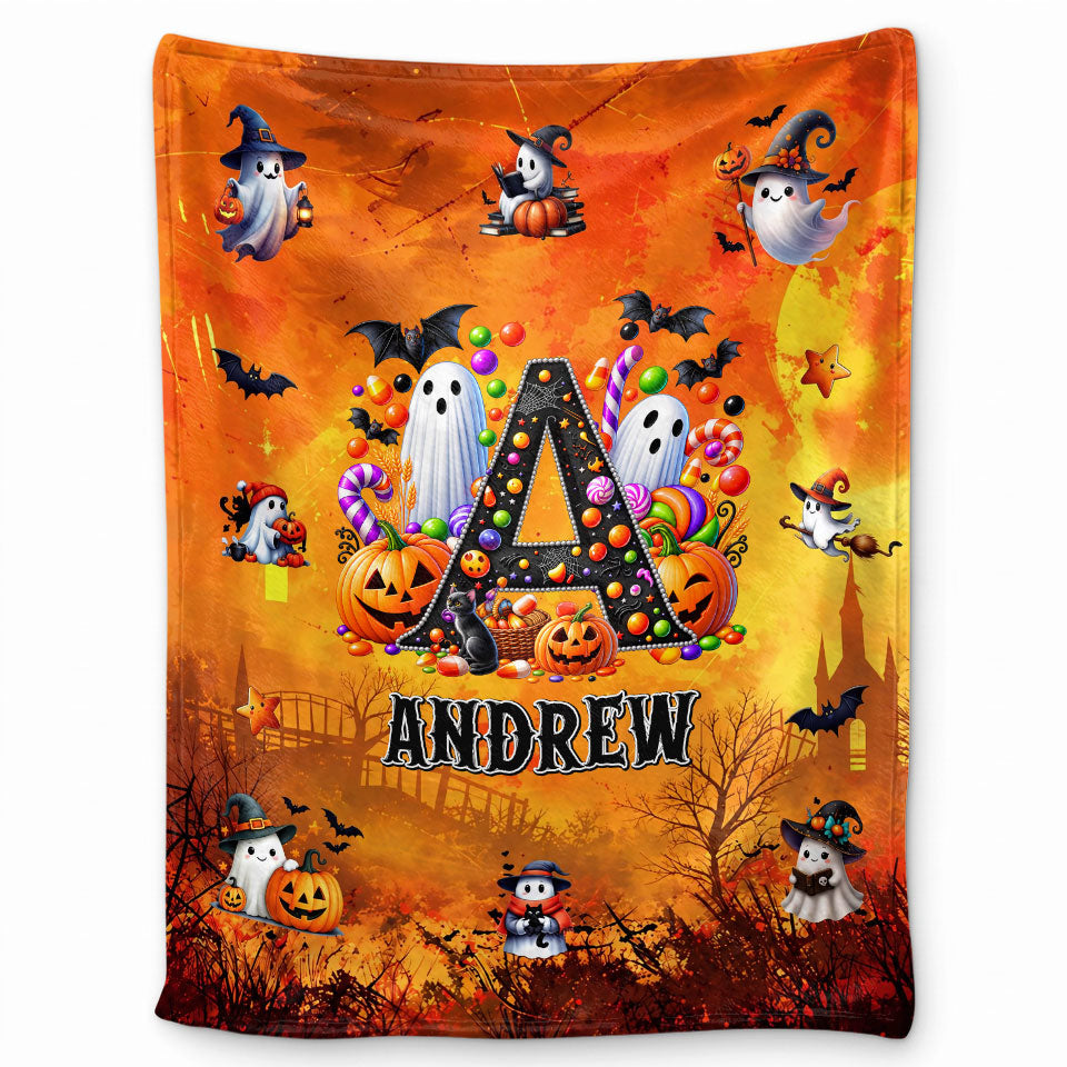 Personalized Halloween Blanket for Kids, Ghost Pumpkin Name Blanket, Fleece & Sherpa Blanket