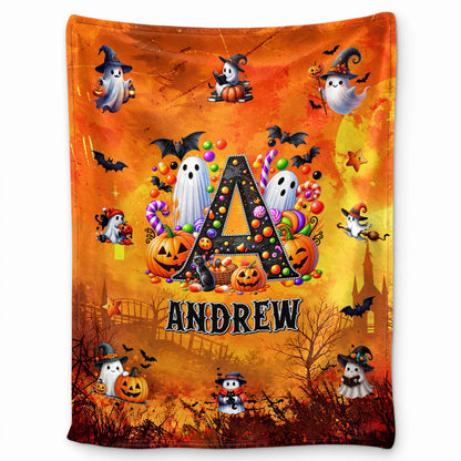 Personalized Halloween Blanket for Kids, Ghost Pumpkin Name Blanket, Fleece & Sherpa Blanket