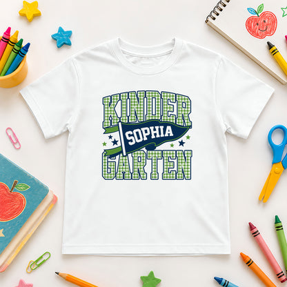 Personalized Back to School Shirt – Custom Name & Grade Preppy Striped Pennant Flag Color Tee for Teachers & Students, Pre-K to 8th Grade Outfit