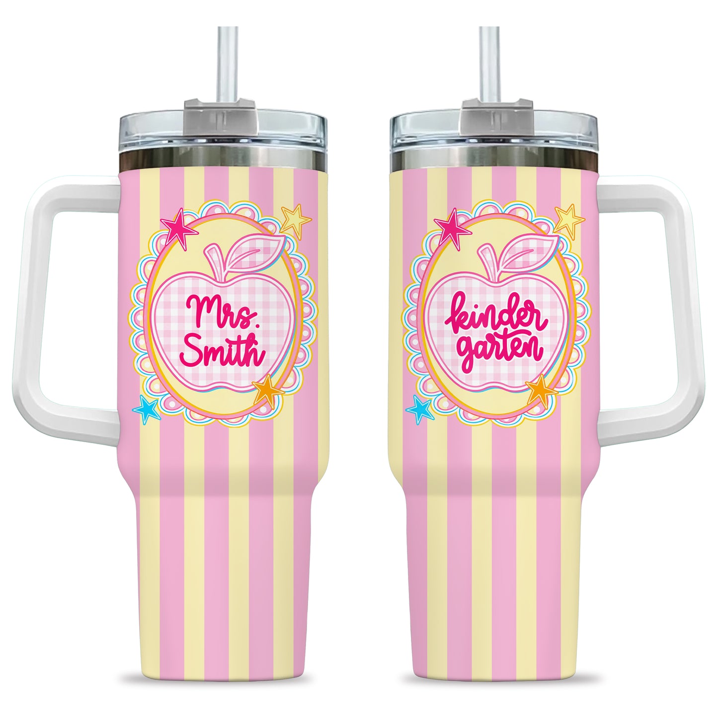 Personalized Teacher & Student Tumbler 40oz with Handle – Custom Name & Grade, Striped Apple School Tumbler for Preschool to 8th Grade