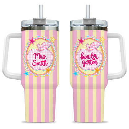 Personalized Teacher & Student Tumbler 40oz with Handle – Custom Name & Grade, Striped Apple School Tumbler for Preschool to 8th Grade