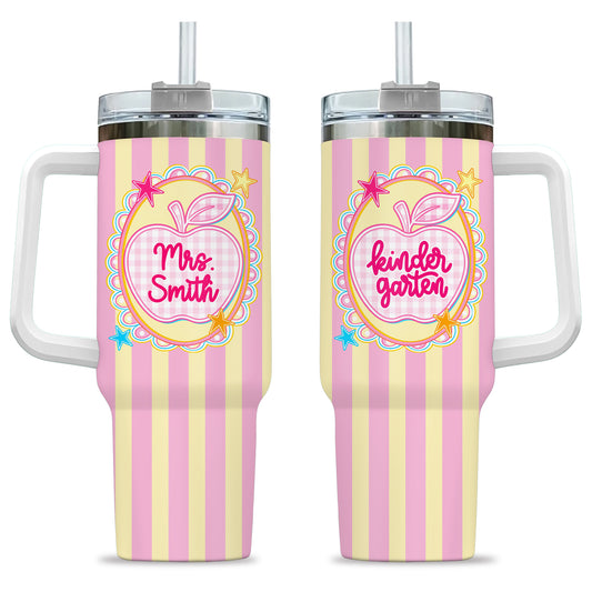 Personalized Teacher & Student Tumbler 40oz with Handle – Custom Name & Grade, Striped Apple School Tumbler for Preschool to 8th Grade