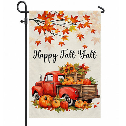 Hello Fall Garden Flag, Welcome Truck Happy Fall Ya'll Floral Pumpkin Outdoor Decor Gift For Family