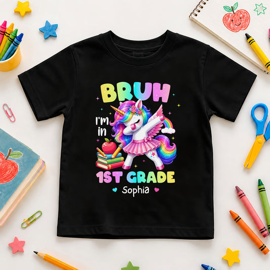 Personalized Unicorn Back to School Shirt, Custom Name Bruh I'm In Grade Student Tee, Pre-K to 8th Grade First Day T-Shirt