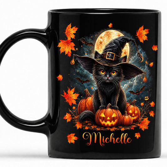Personalized Halloween Cat Mug, Cute Black Cat Witch Hat Pumpkin Mug, Custom Name Fall Coffee Cup, Halloween Gift for Cat Lovers