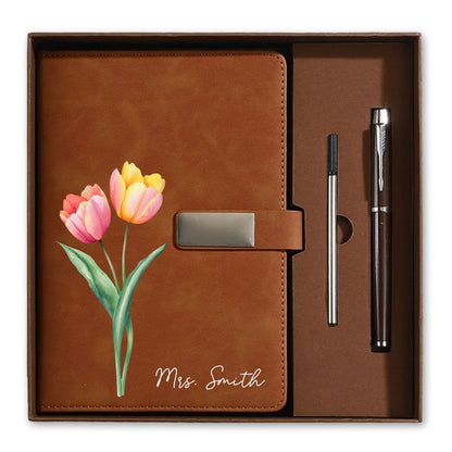 Personalized Leather Notebook Set with Custom Name, Floral Journal Gift Set with Pen for Women, Teacher, Student, Office