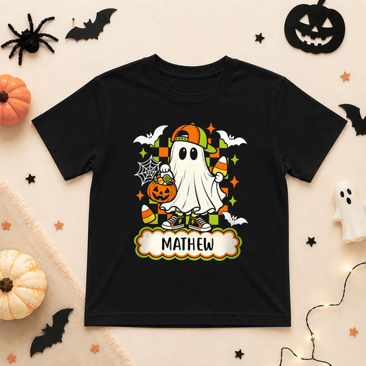 Personalized Halloween Shirt for Kids, Custom Name Spooky Ghost T-Shirt, Candy Corn Pumpkin Design, Halloween Shirt for Boys and Girls