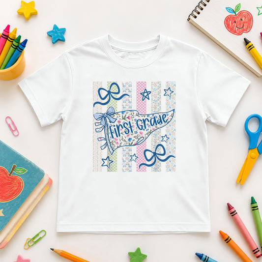 Personalized Back to School Shirt – Custom Name & Grade Preppy Striped Pennant Flag Color Tee for Teachers & Students, Pre-K to 8th Grade Outfit