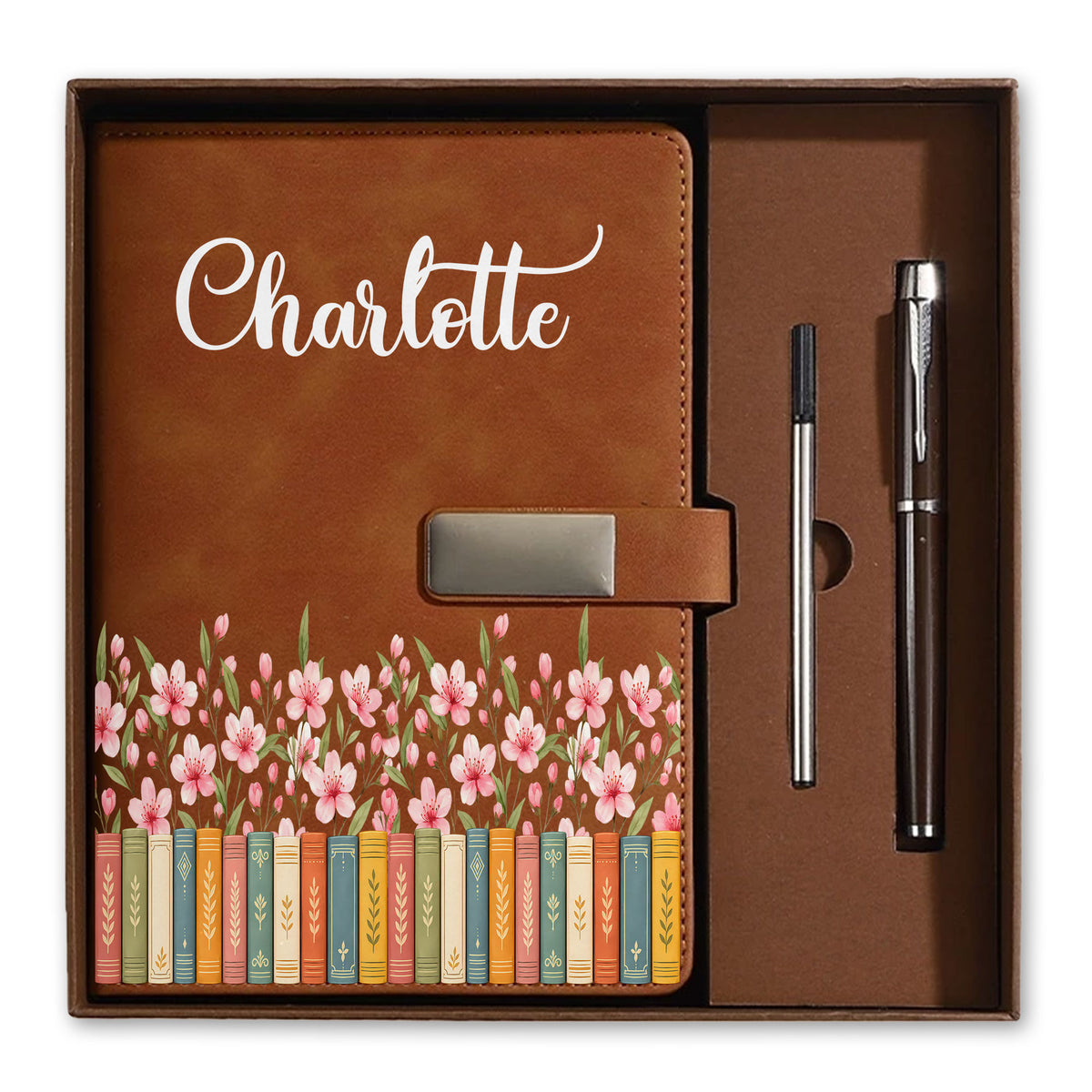Personalized Leather Journal Gift Set – Birth Month Flower Book Stack Notebook - Gift for Women, Teachers, Friends