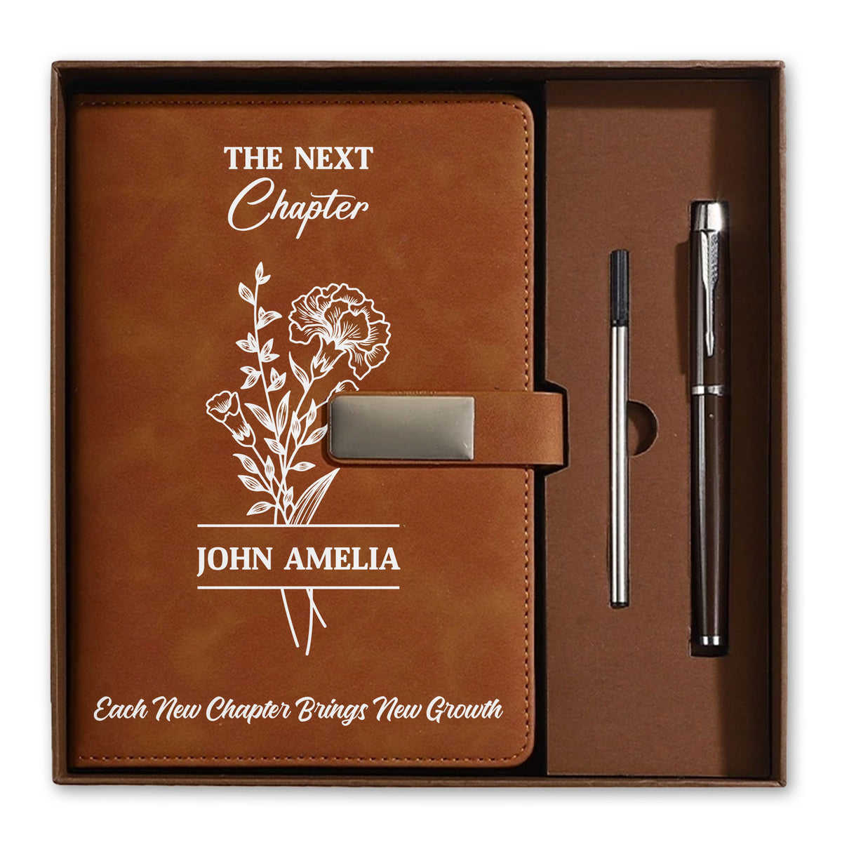 Personalized Leather Journal Gift Set - Birth Month Flower New Chapter Notebook - Graduation Gift, Inspirational Gift for Women, Friends
