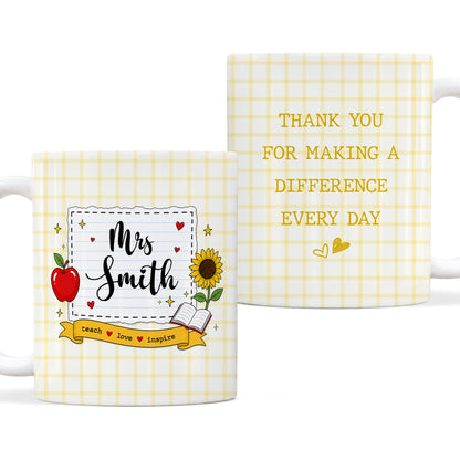 Personalized Teach Love Inspire Teacher Mug with Custom Name, Teacher Appreciation Coffee Mug, Thank You Teacher Gift, Back to School Gift